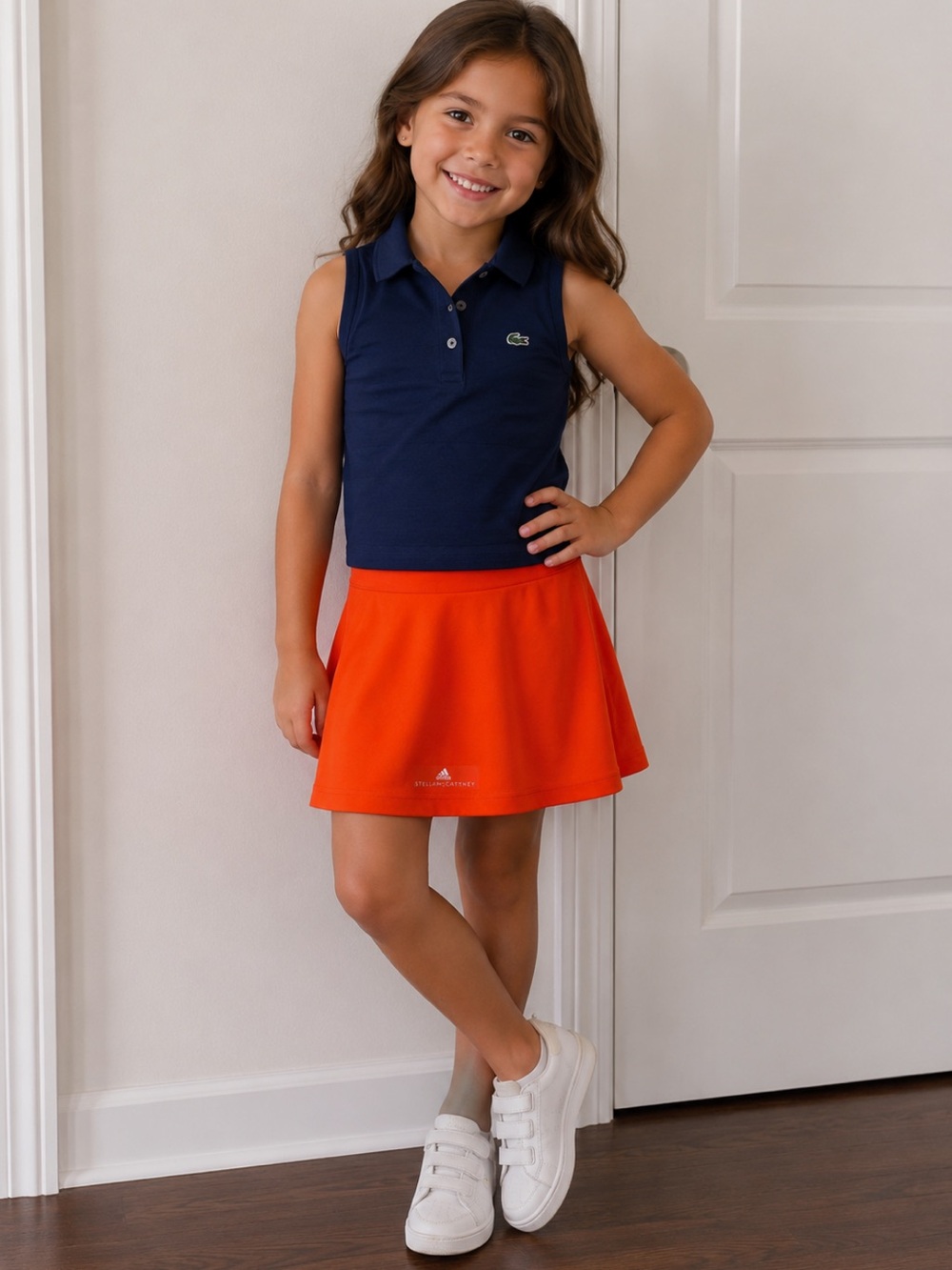 Lacoste Girls' Navy Polo Tank with Adidas Stella McCartney Bright Orange Skort
